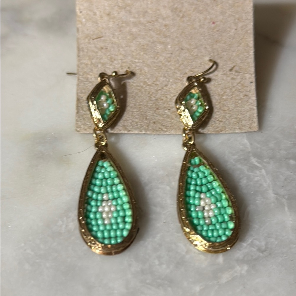Gold and Green Beaded Teardrop Earrings